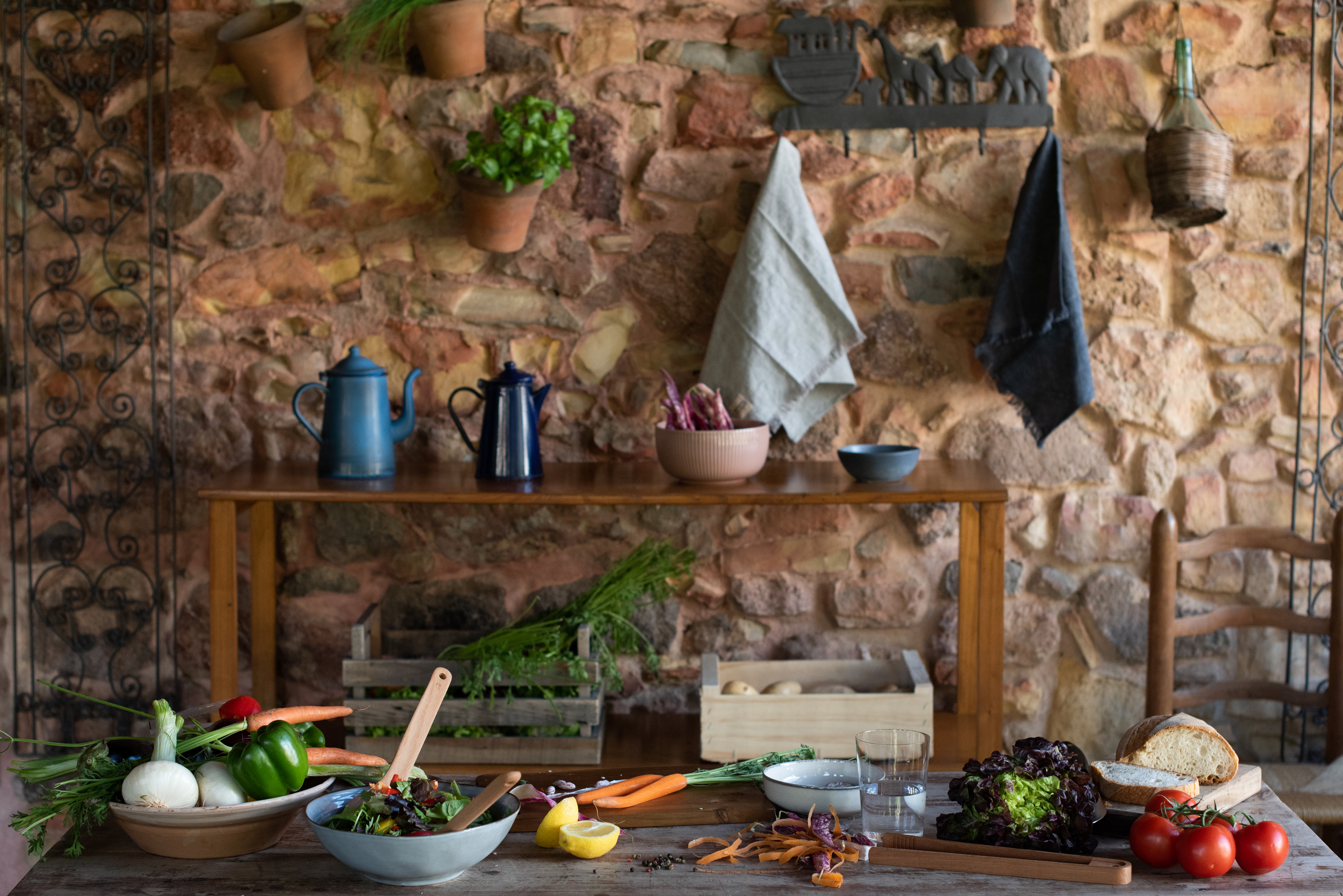 Preparation of Vegetable Salad on the Table